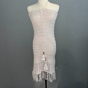 OLIVACEOUS Crochet Strapless Fringe Hem Midi Dress - Oatmeal - EUC - Medium